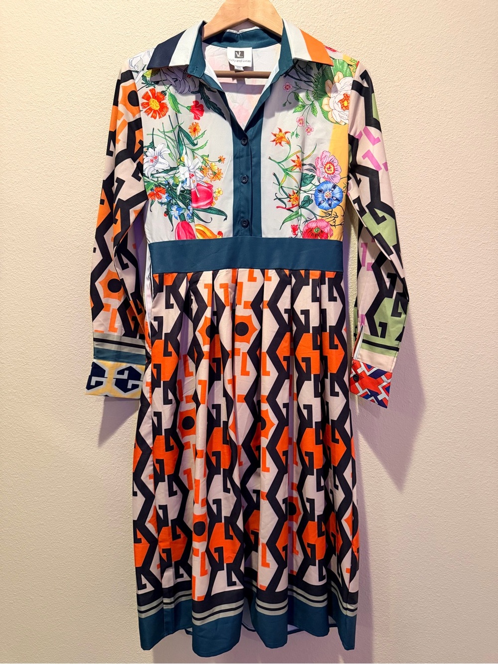 Vicky and Lucas Vibrant Floral Geometric Maxi Shirt Dress Size M